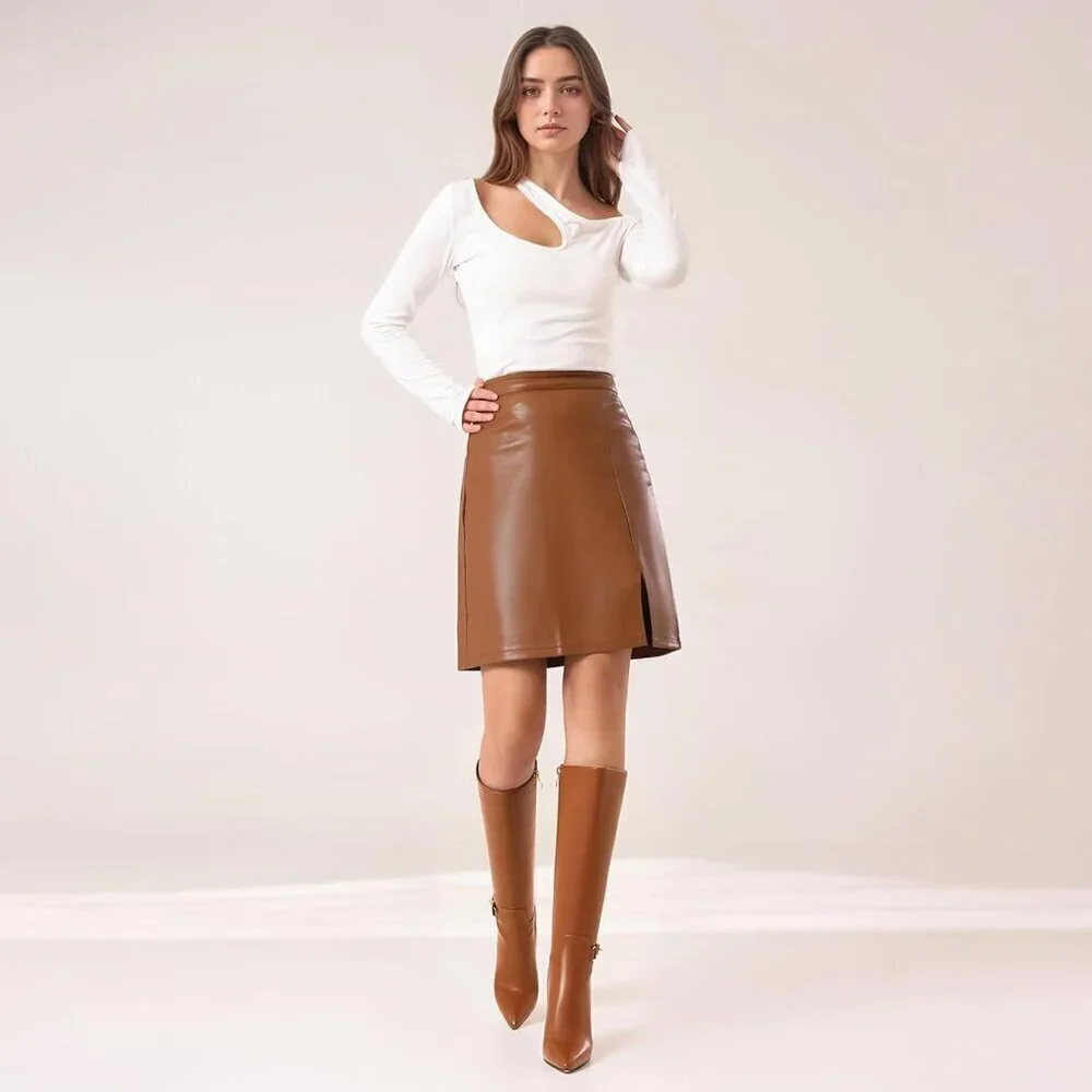 Women's Brown Matte Stiletto Slouch Knee High Dress Boots Pointed Toe Buckle